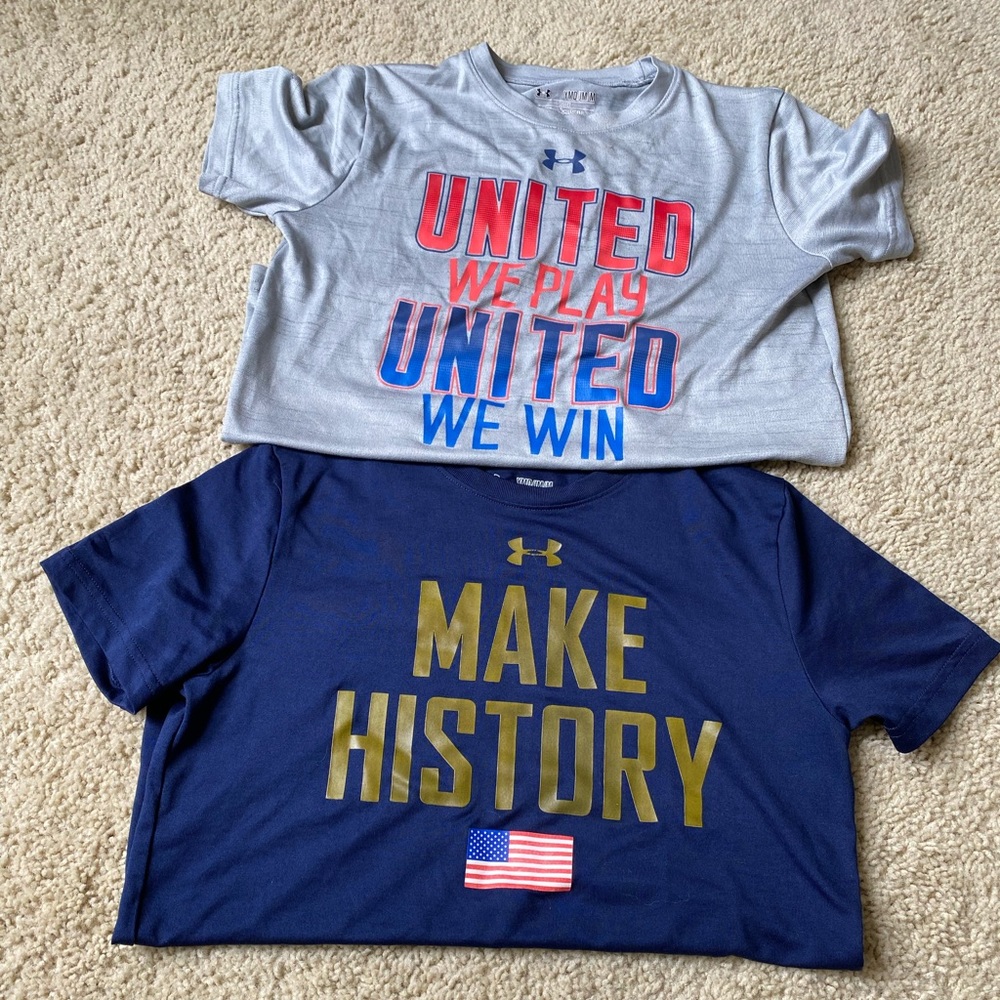 2 Under Armour Dri fit shirts size youth medium.   USA, Olympic colors